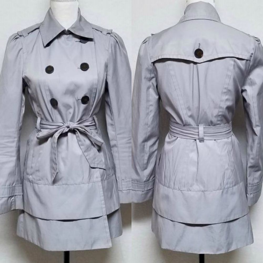 BLACK Rivet Dove Gray Belted Layered  Puff Shoulder Trench Coat Over Coat Small